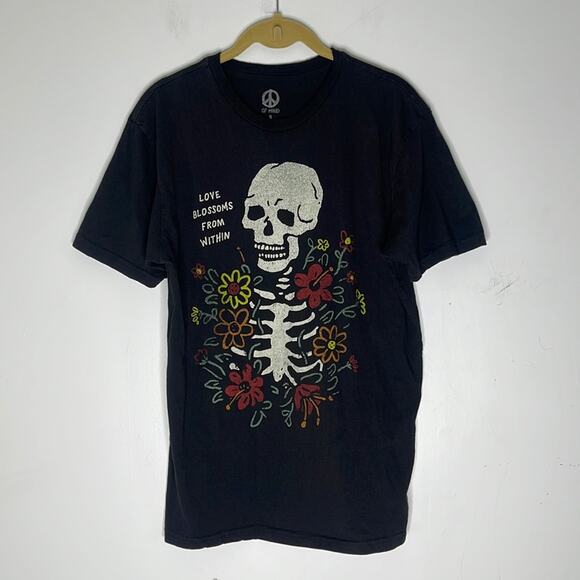 PEACE OF MIND Black Skeleton Flower Graphic Unisex Style Short Sleeve Top Small - Picture 1 of 7